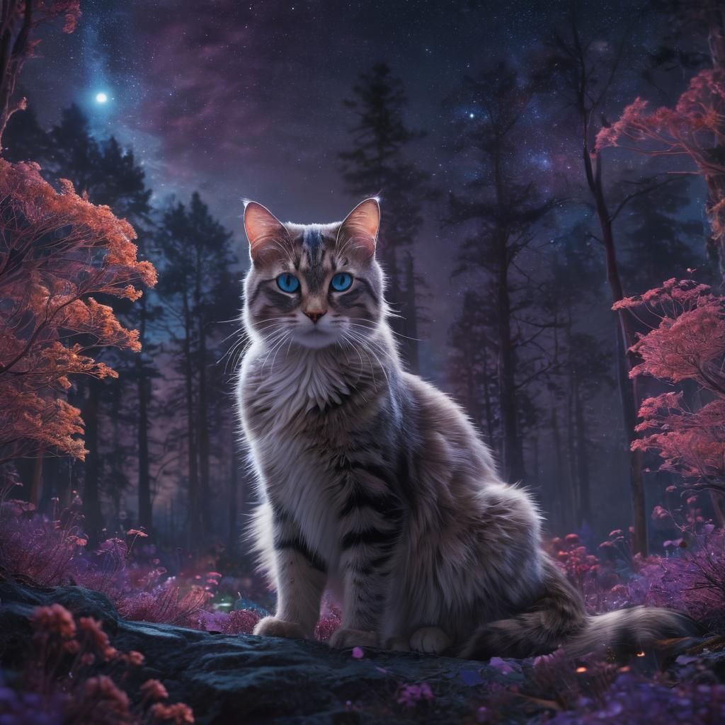 Elegant Cat in Bioluminescent Forest, Digital Art