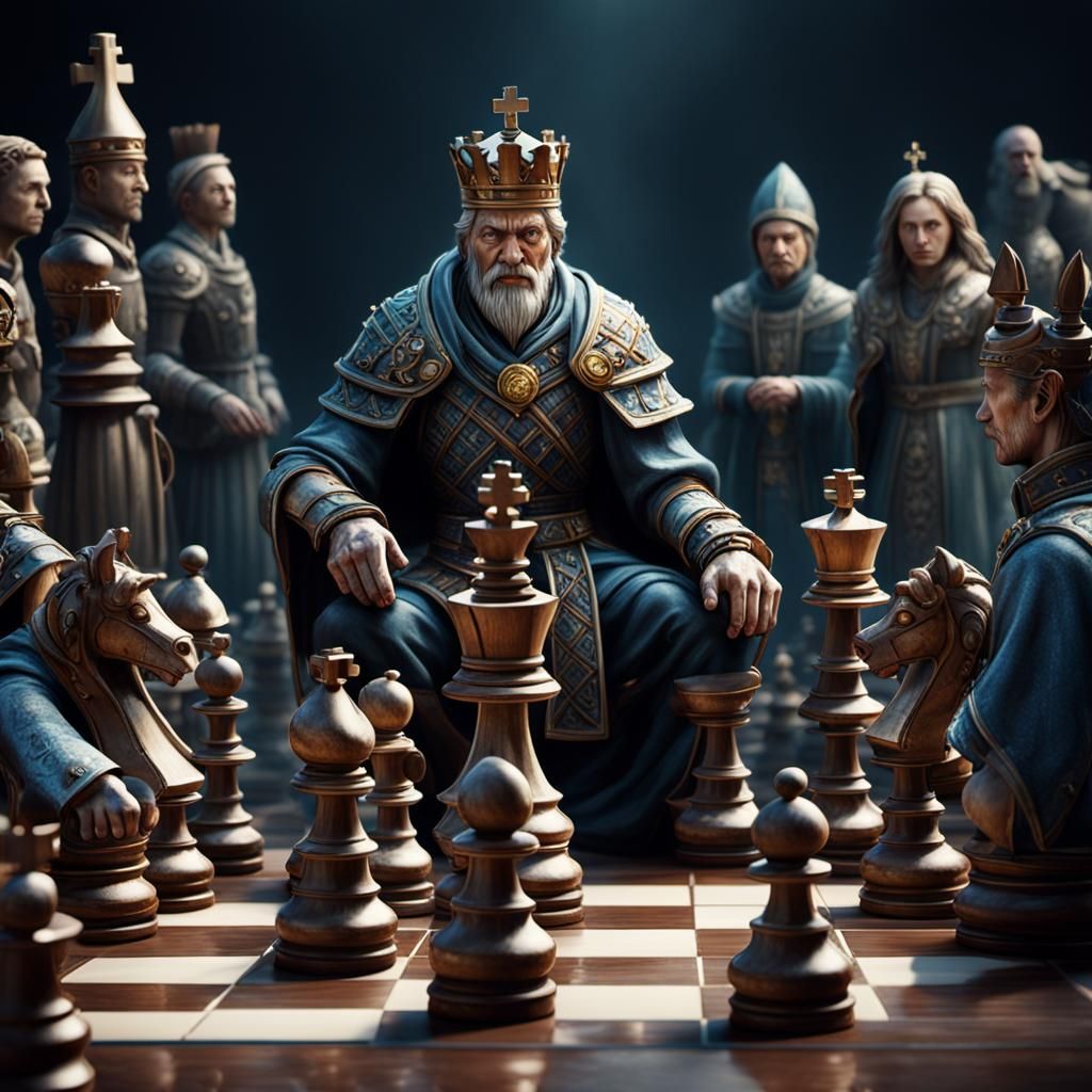 Chess Game with Personified Figures: Detailed Matte Painting