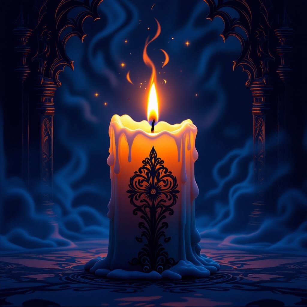 Flickering Candle Casting Ethereal Light in Dark Fantasy Sty...