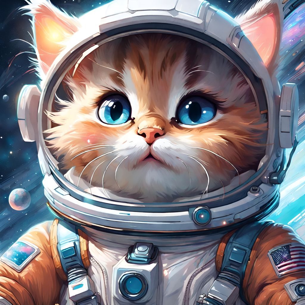 Adorable Kitten Astronaut in Space, Digital Art