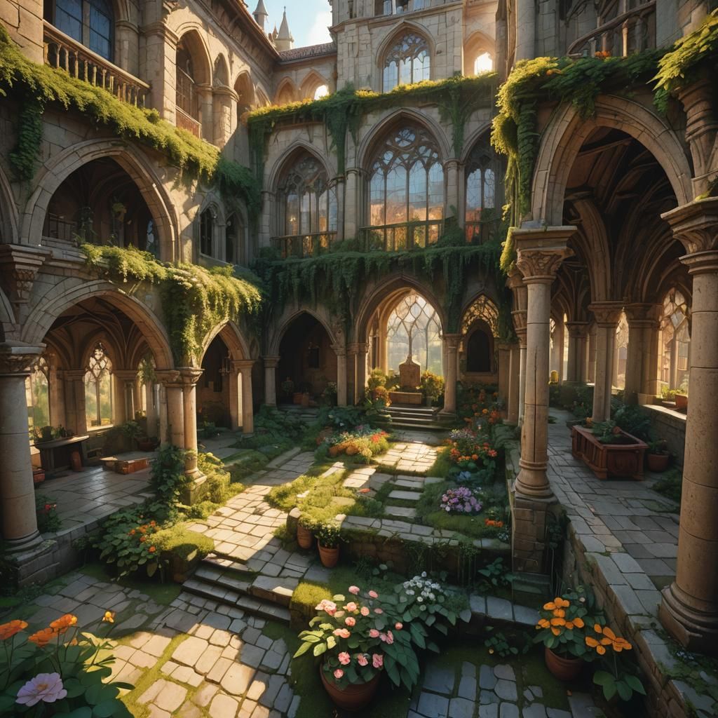 Intricate Medieval Fantasy Architecture with Lush Greenery
