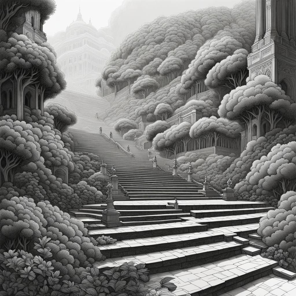 Line Art of Penrose Stairs With White Fog