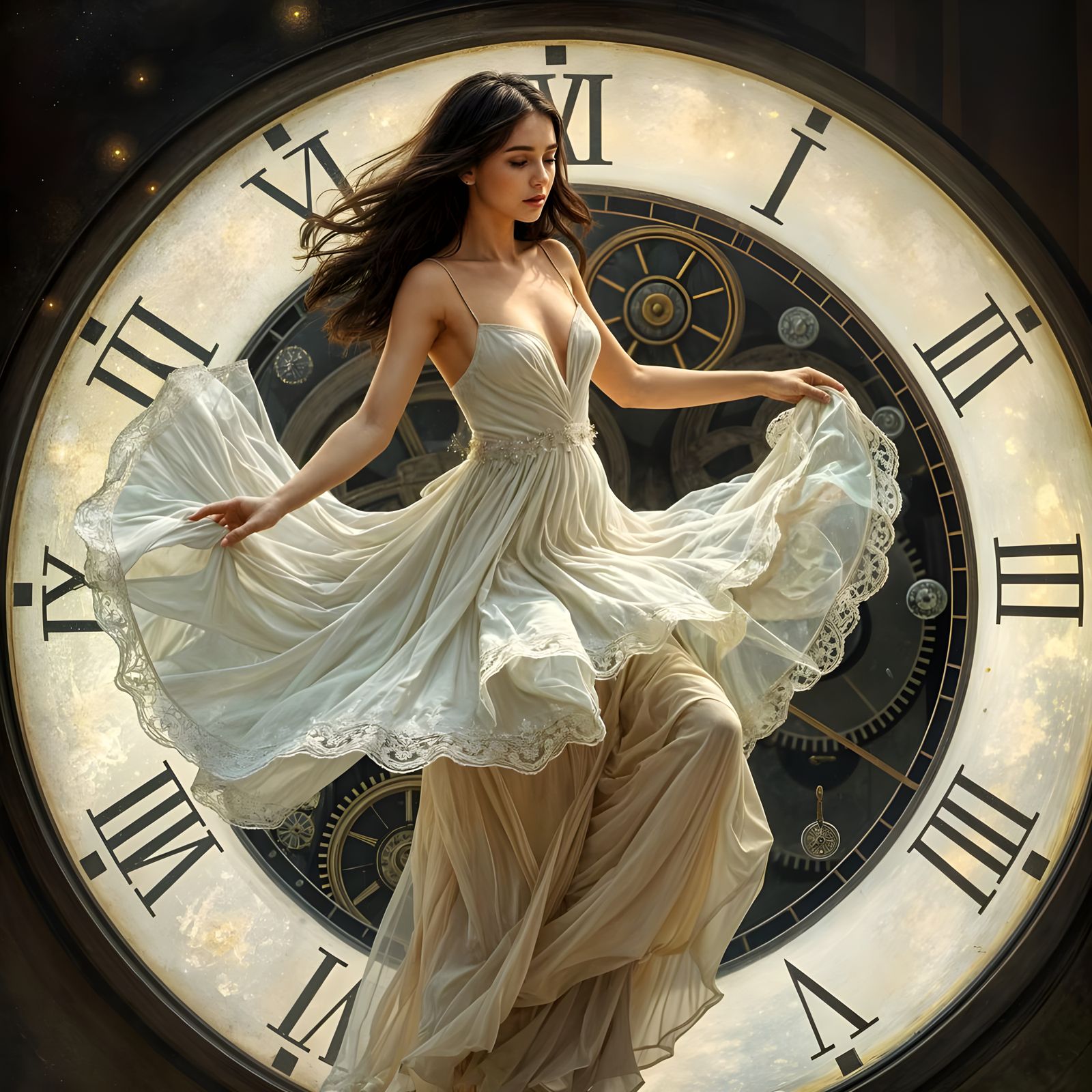 Ethereal Woman in Whimsical Clockwork Wonderland