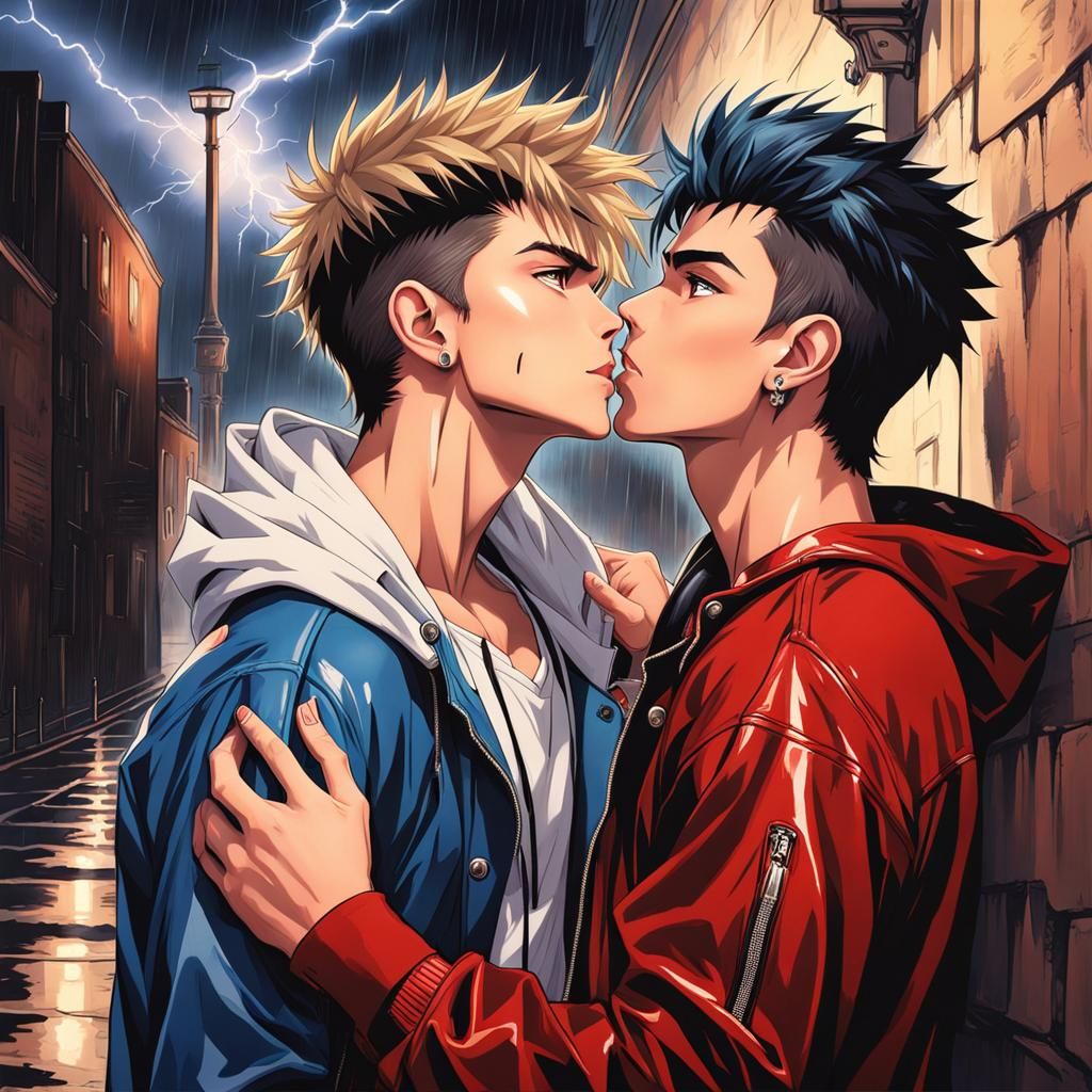 Anime Youths Share Kiss in Stormy Alley