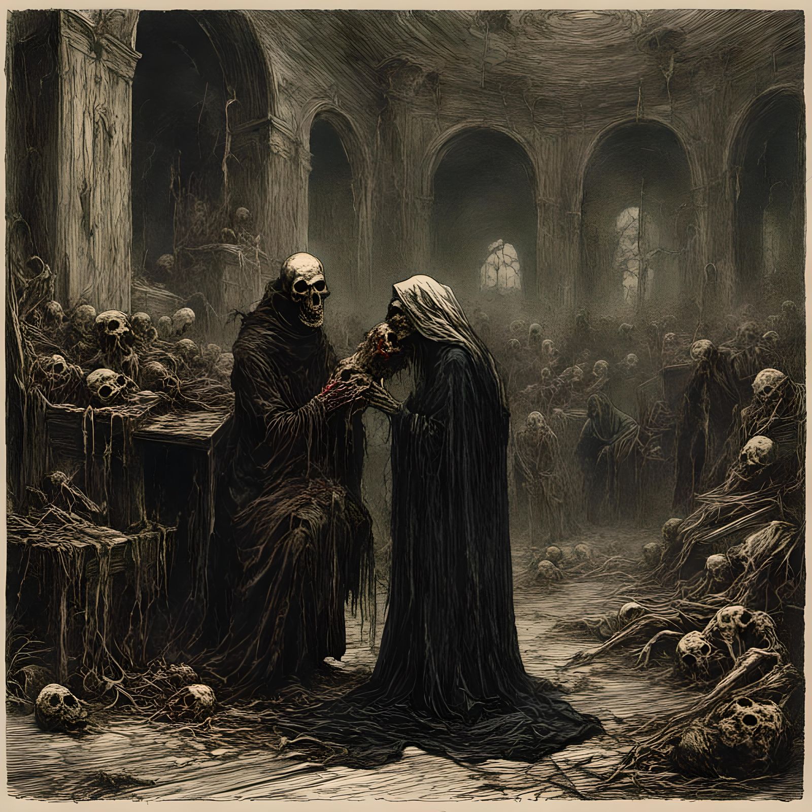 Zombie Priest Kissing Nun in Macabre Illustration