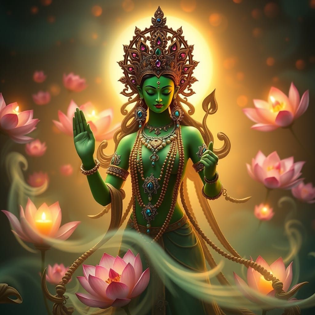 Ethereal Goddess Dances amidst Vibrant Lotus Blooms