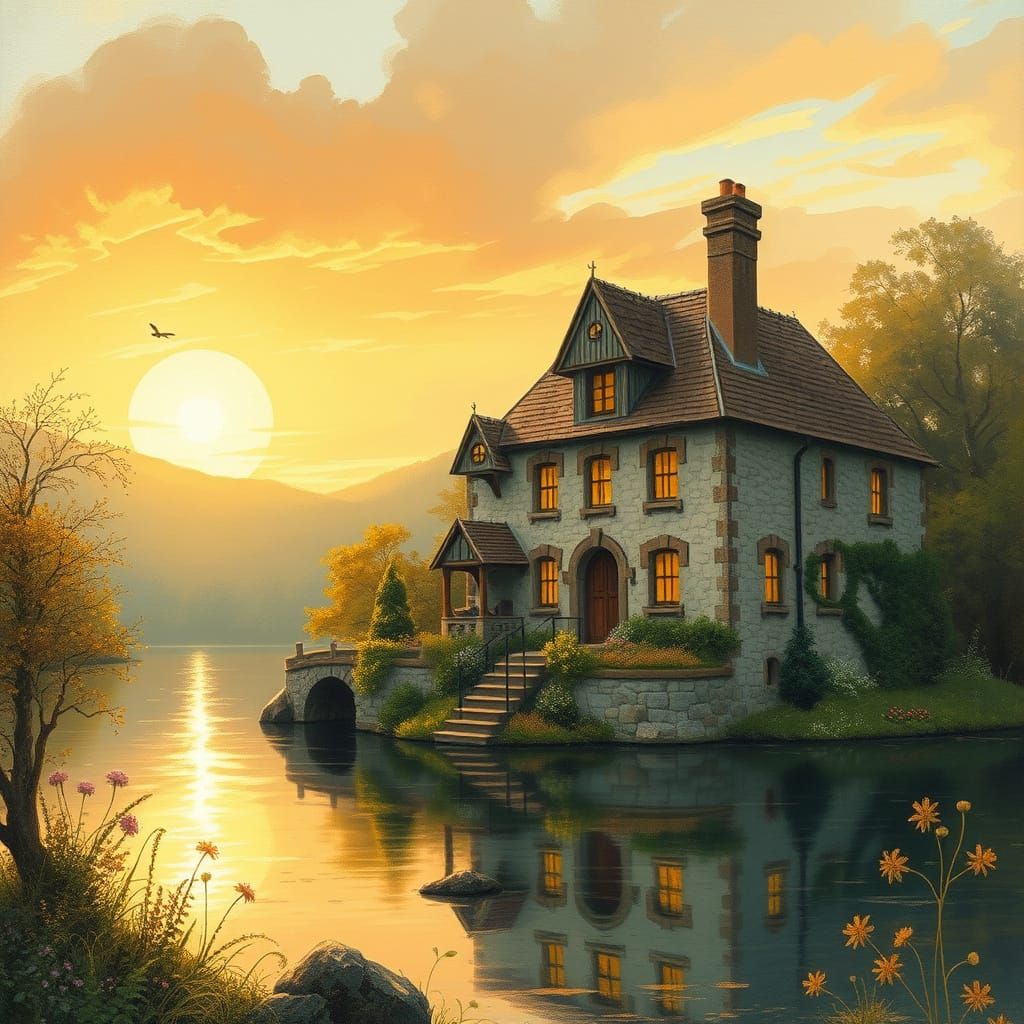 beautiful stone house on the lake in a fairytale world at su...