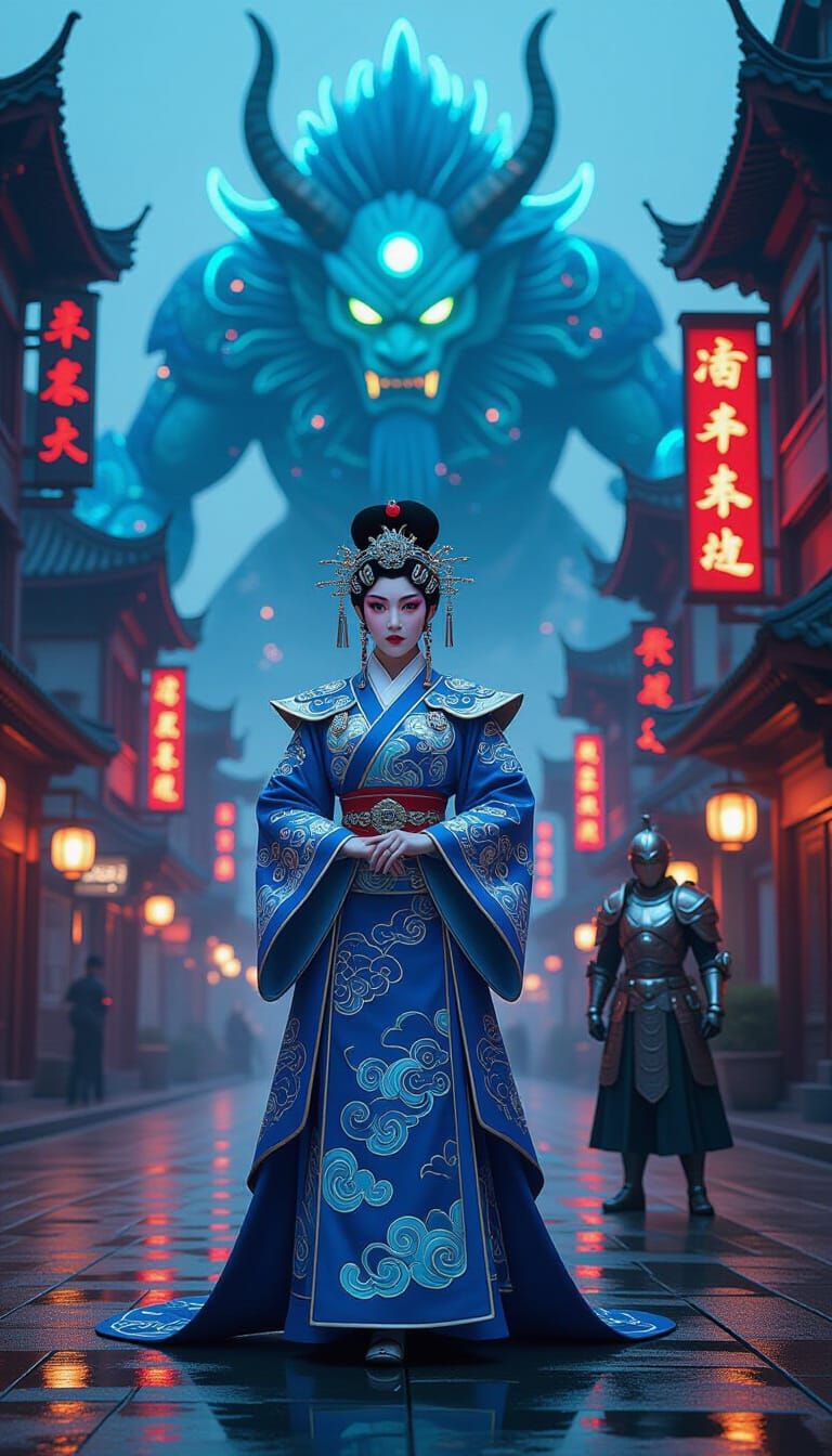 A modernized Peking opera performer stands gracefully amidst a cyberpunk cityscape, her costume adorned with intricate c...