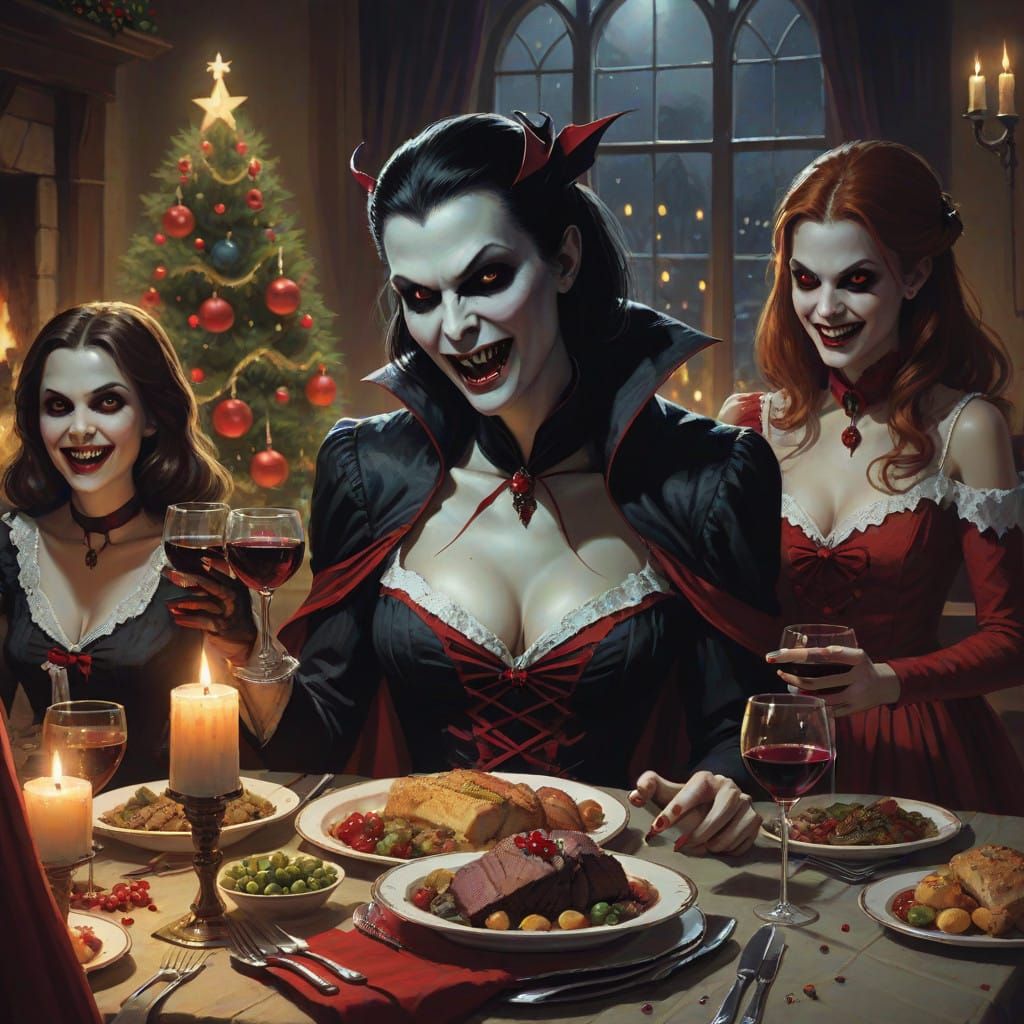 Vampire Women Gather for Sinister Christmas Feast
