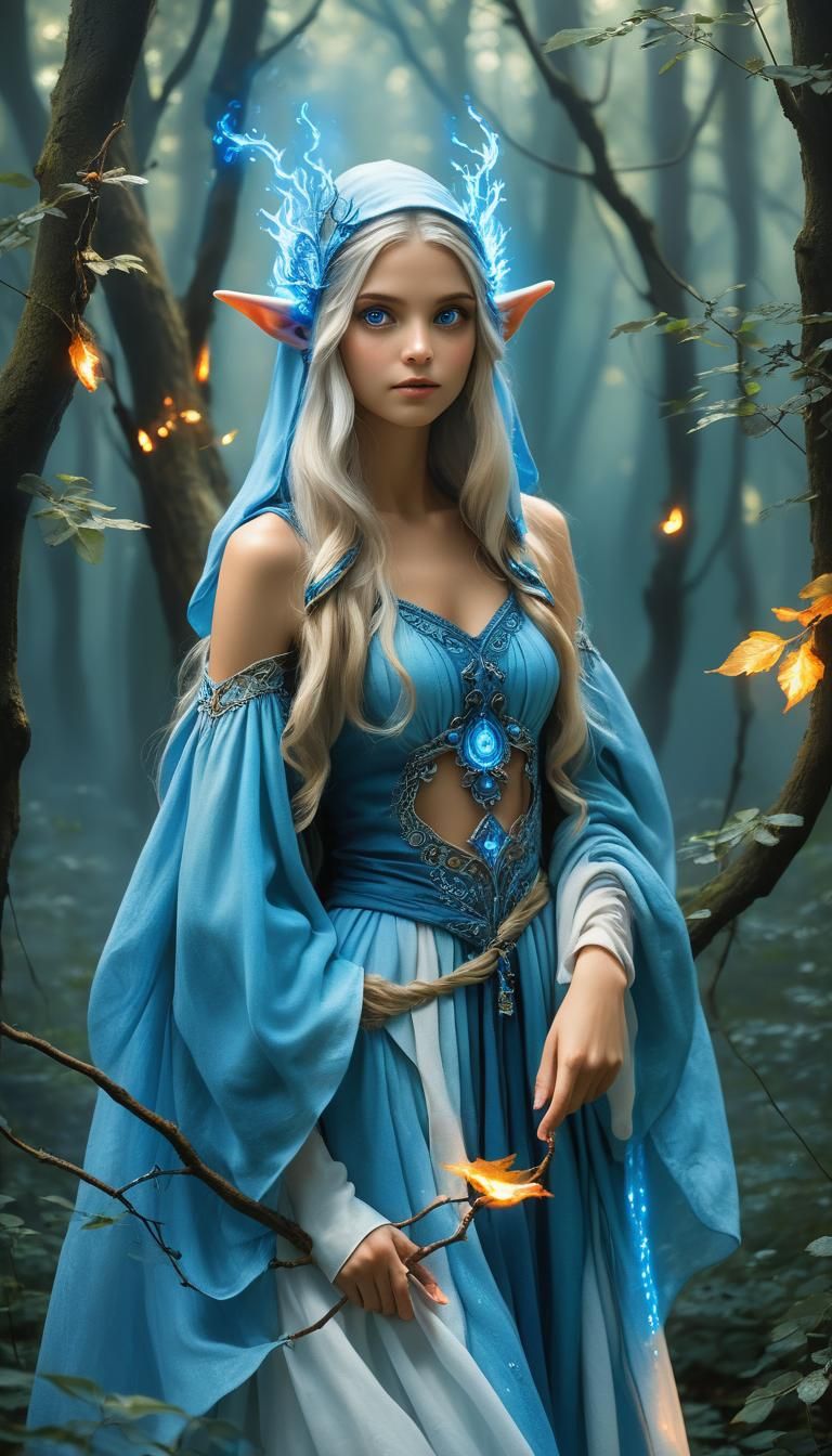 Ethereal Elf Playing Lyre in Enchanted Forest