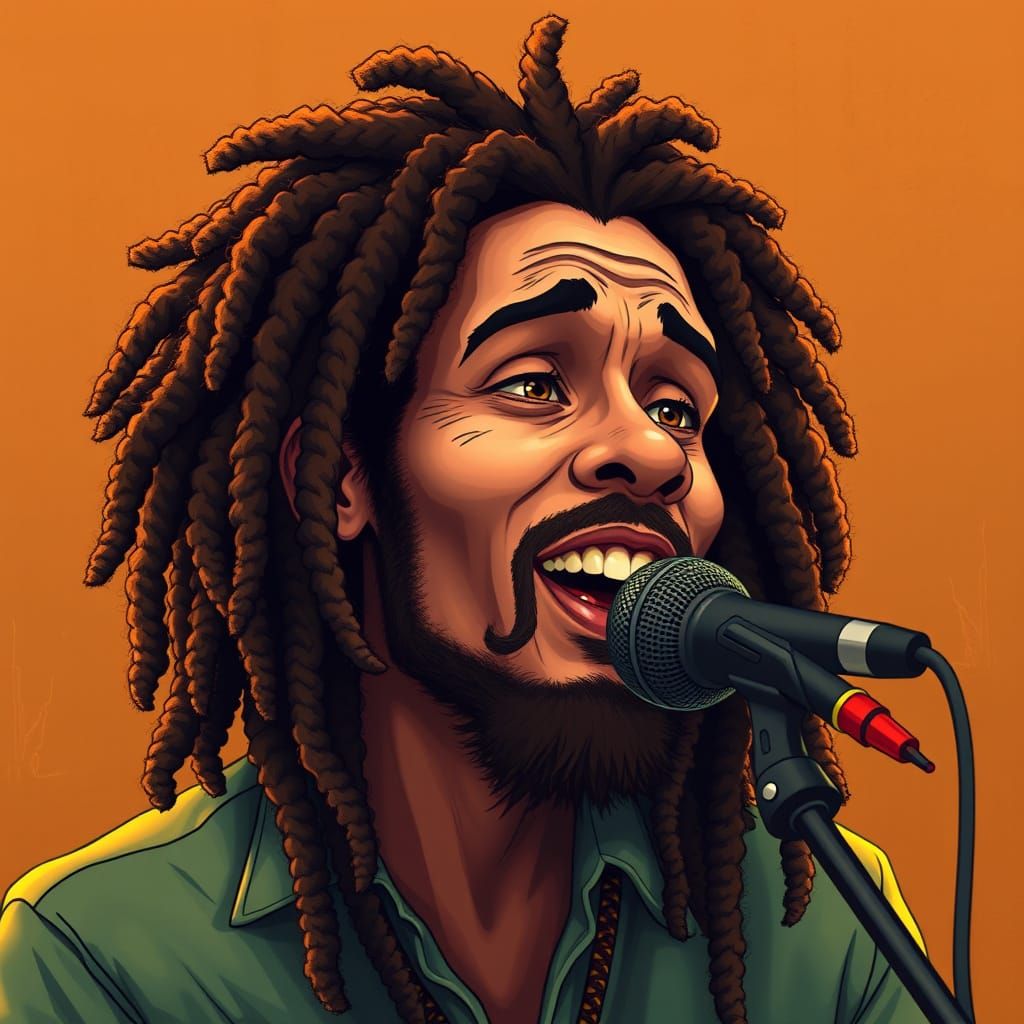 Reggae Legend Bob Marley in Vibrant Cartoon Style