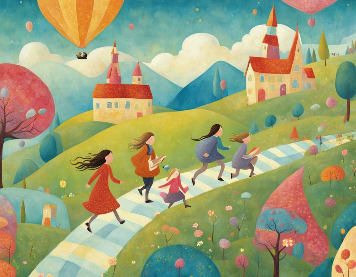 Whimsical Illustration of People Reading While Running