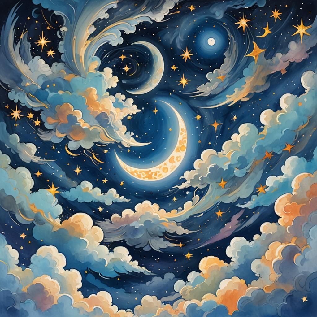Vibrant Gouache Sky with Moon and Stars