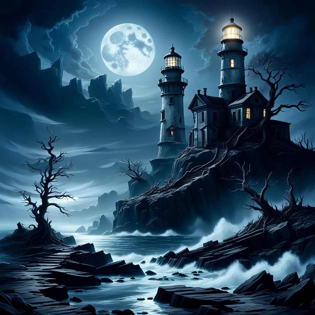 Eerie Lighthouse Concept Art on Rocky Island
