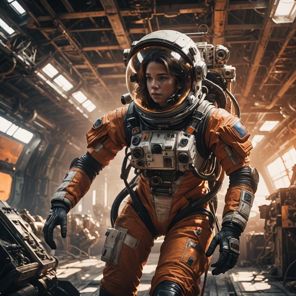 Female Astronaut Repairs Spaceship Hangar: Industrial Sci-Fi...