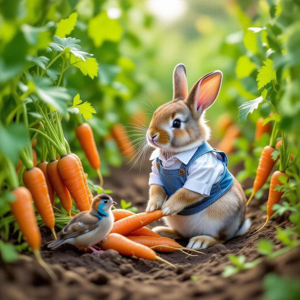 Sad Rabbit Comforted by Bird in Carrot Garden