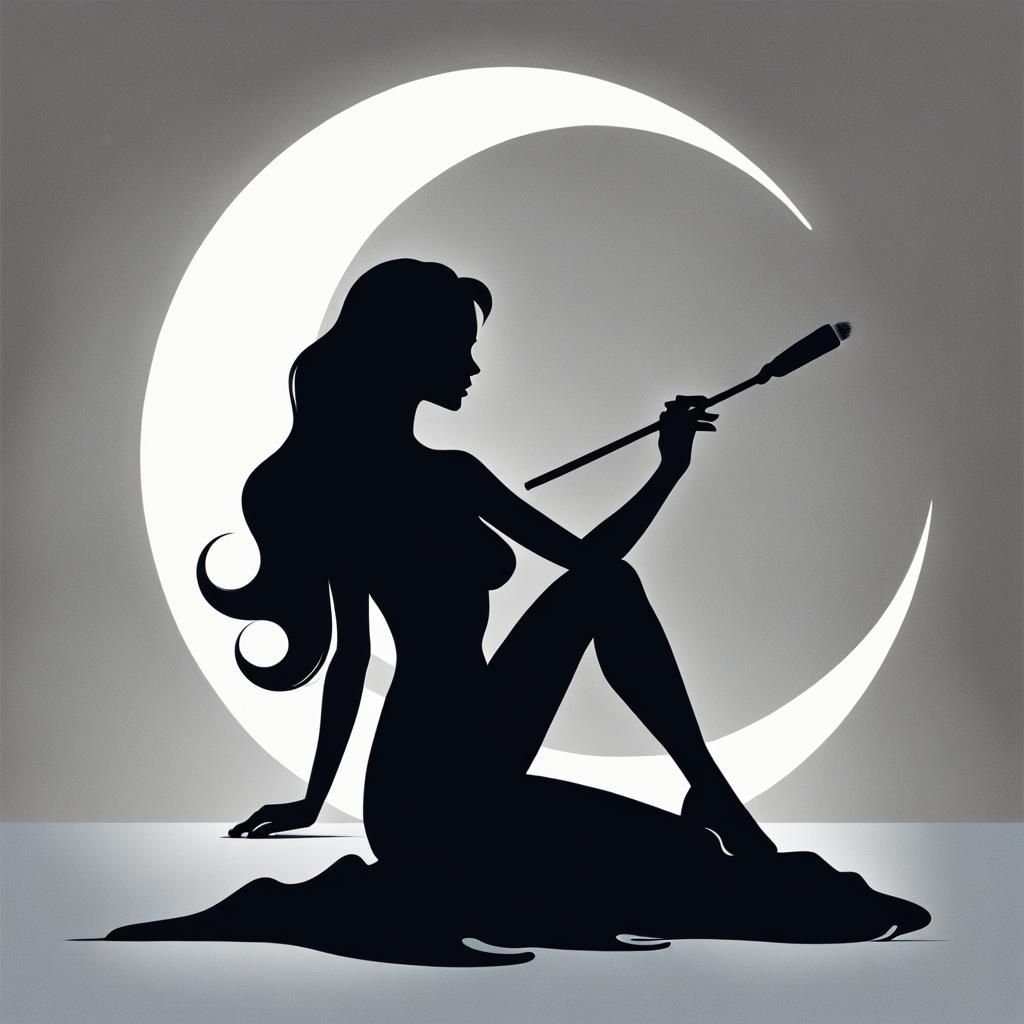 Cosmic Crescent: Minimalist Silhouette Painting of Woman