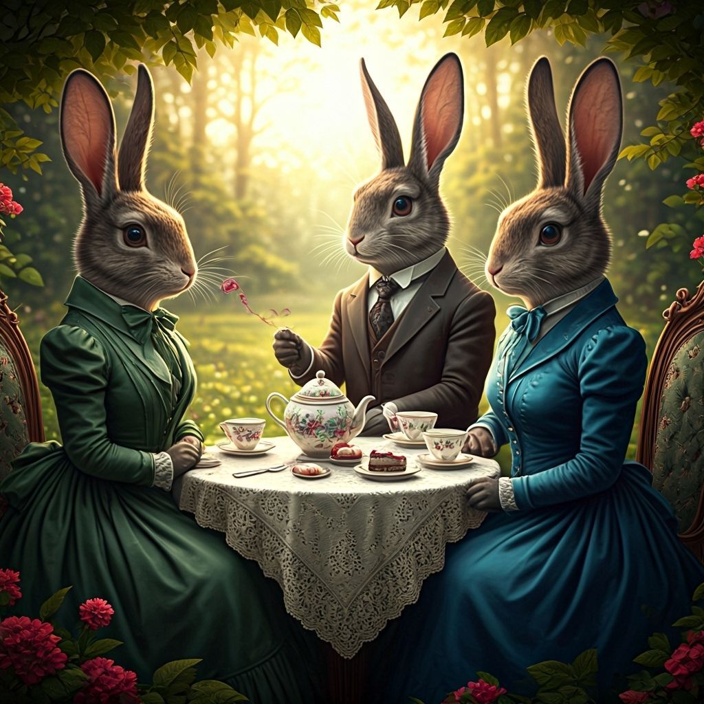 Victorian Rabbits Tea Party in Woodland Clearing