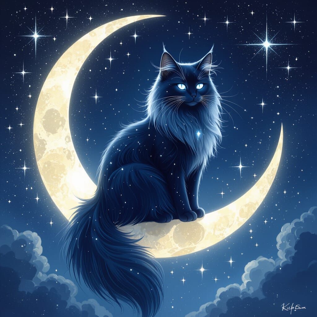 Majestic Feline Goddess in Moonlight Digital Painting