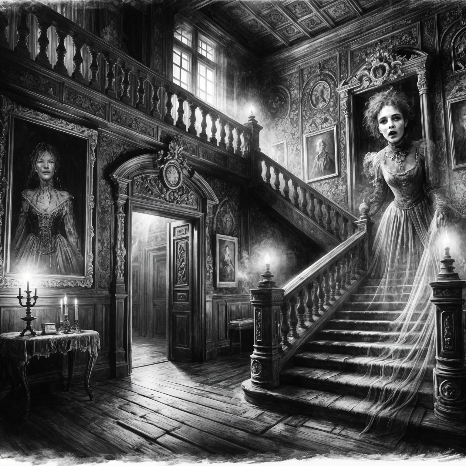 Eerie Interior of an Old Mansion with Spectral Woman