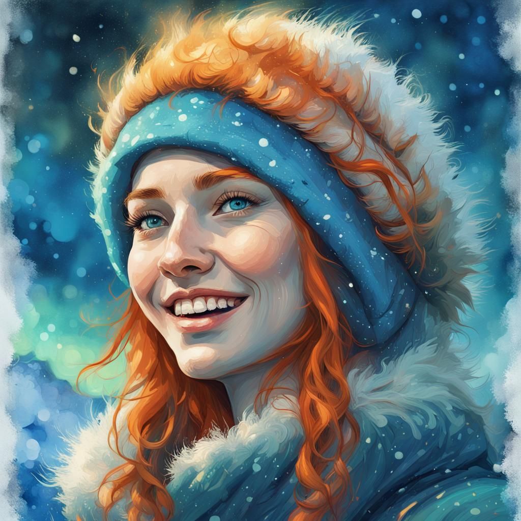 Ginger Elf Woman in Winter Wonderland: Textured Illustration