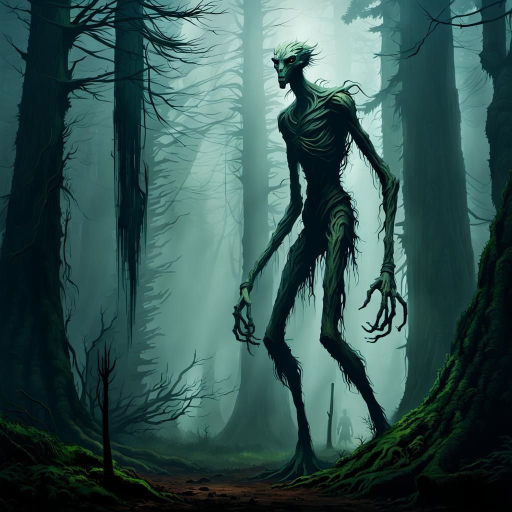Humanoid Tree Creature in Misty Forest