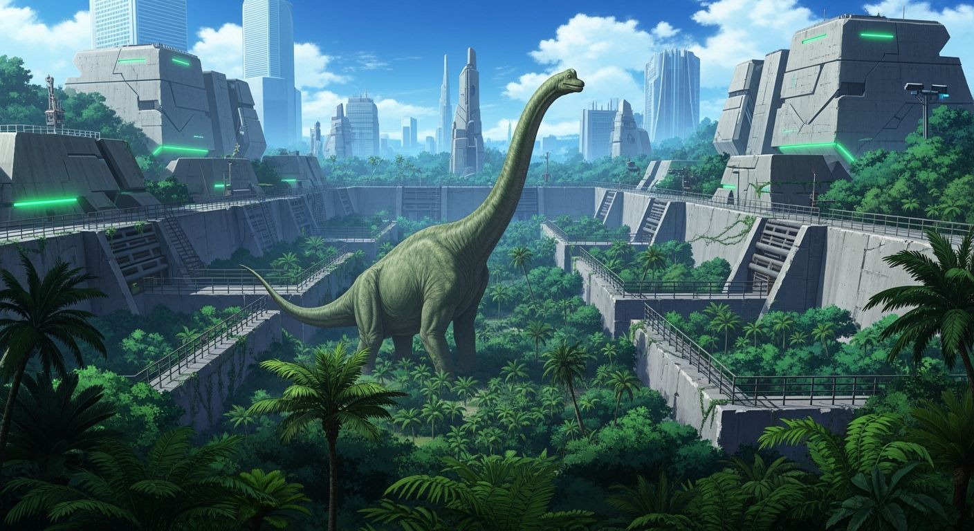 Brachiosaurus in Futuristic Jurassic Forest with Brutalist S...