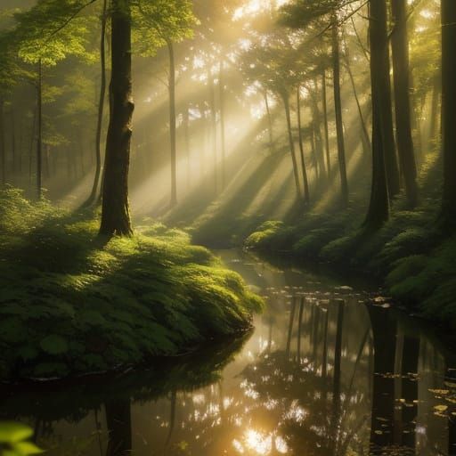 Tranquil Forest Glade at Sunrise in Golden Light