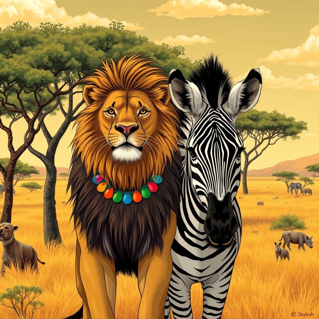 Lion and Zebra Friends on Sun-Kissed Savannah