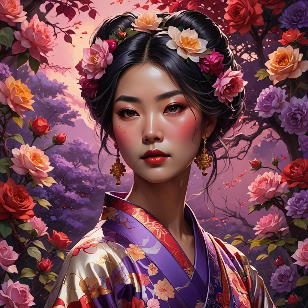 Asian Woman in Rose Garden, Alphonse Mucha Style