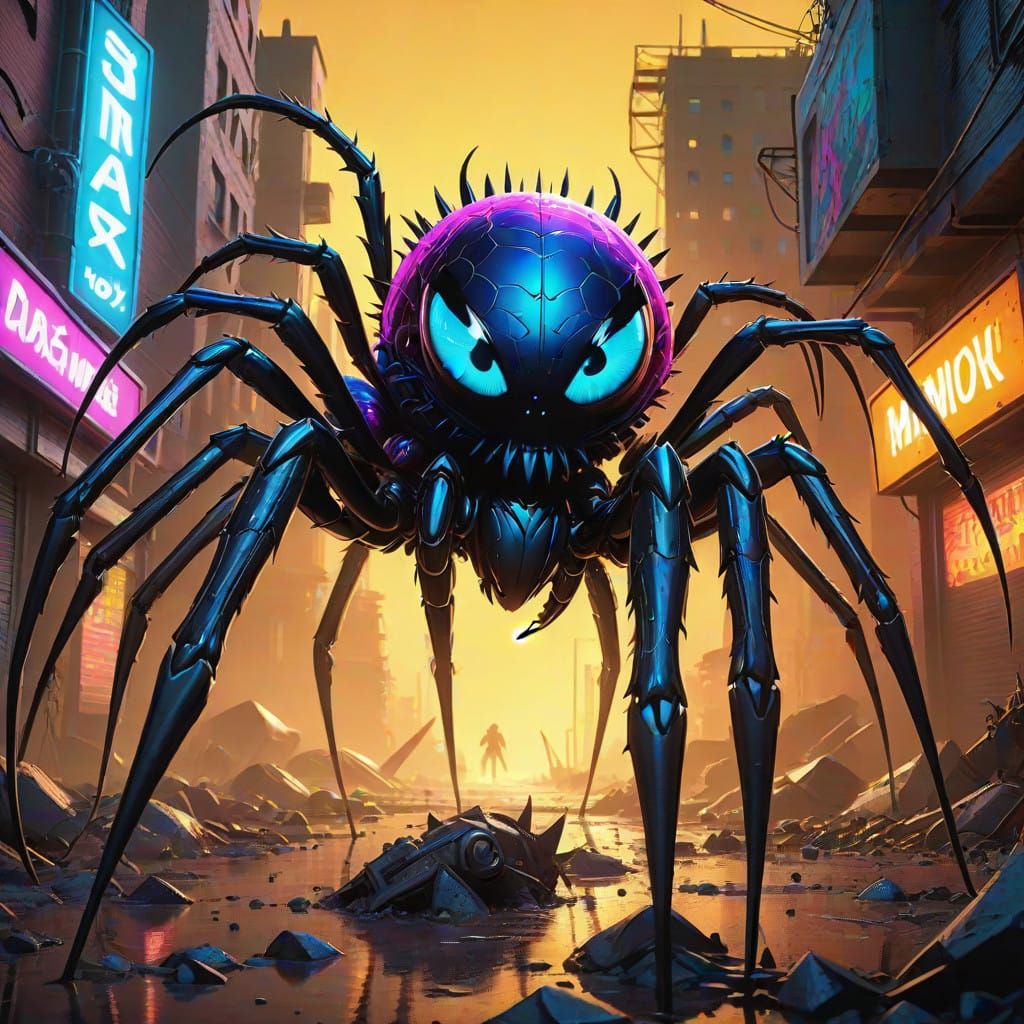 Cyberpunk Spider Creature in Desolate Post-Apocalyptic Lands...