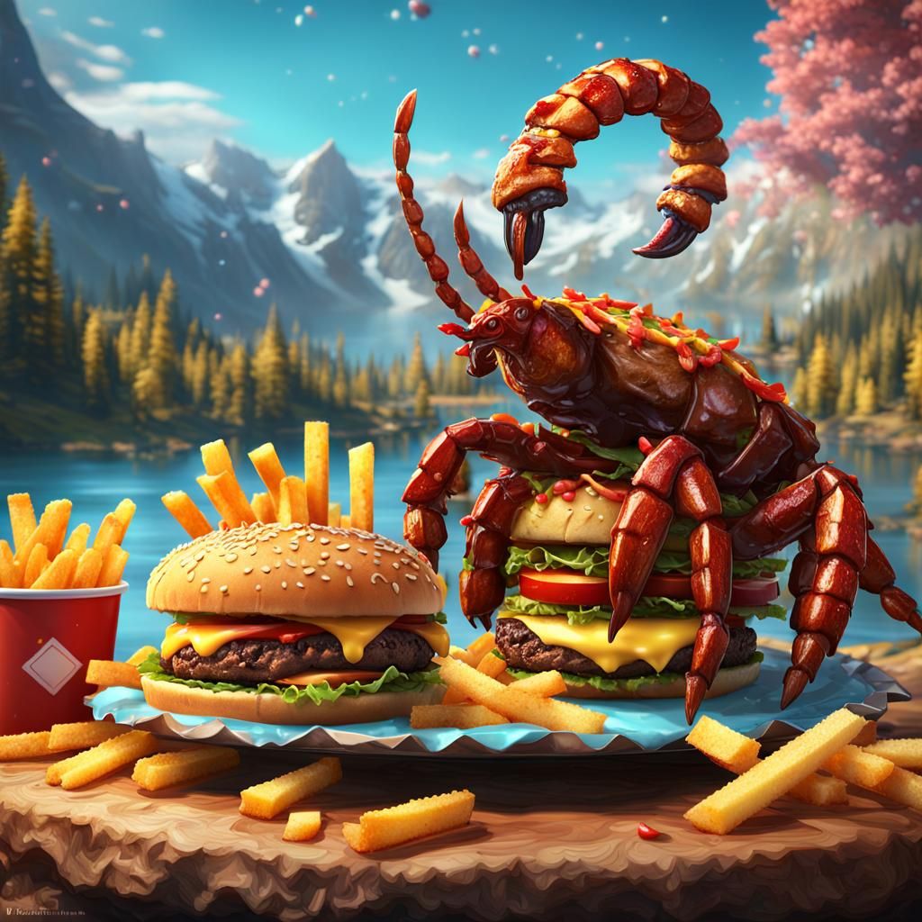 Food Scorpion in Cake Mountain Landscape, Digital Art