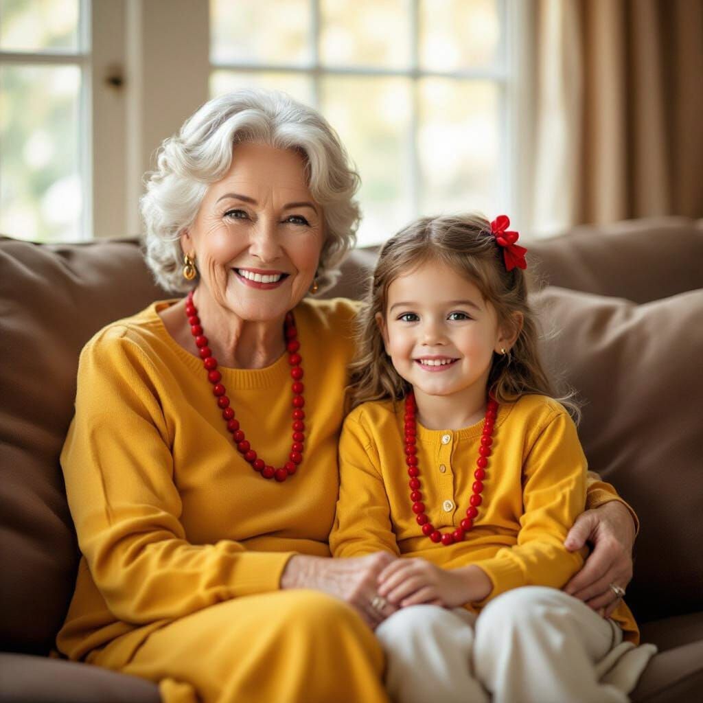Joyful Grandmother and Girl on Sofa in Warm Light
