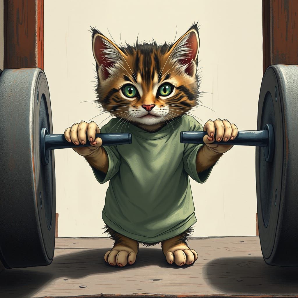 Determined Kitten Weightlifter in Whimsical Illustration Sty...