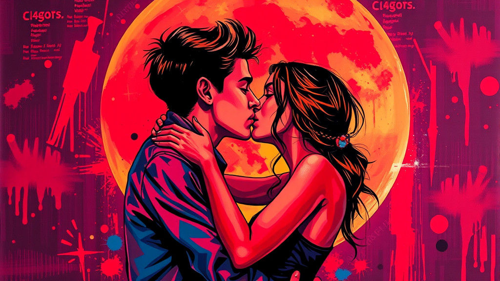 Passionate Kiss Graffiti Art Under Red Moon