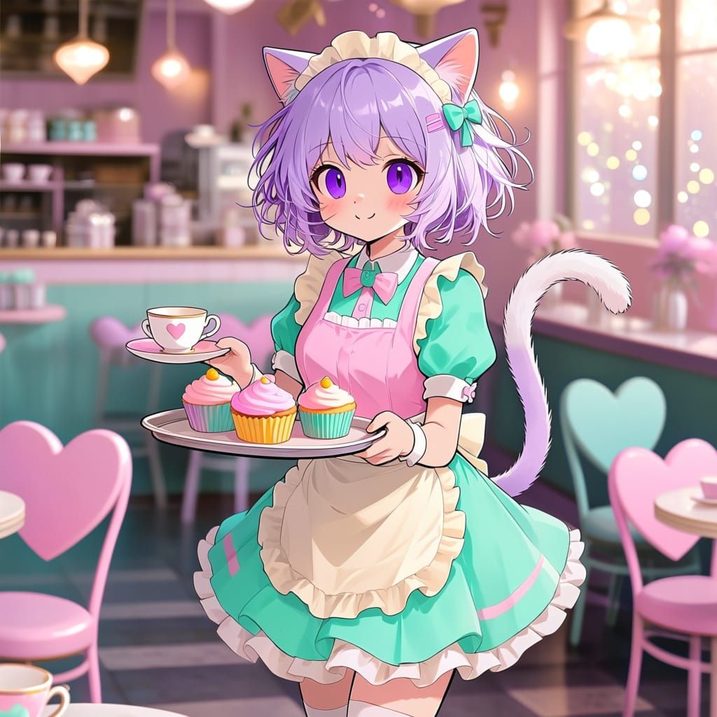 Pastel Anime Catgirl in Kawaii Cafe