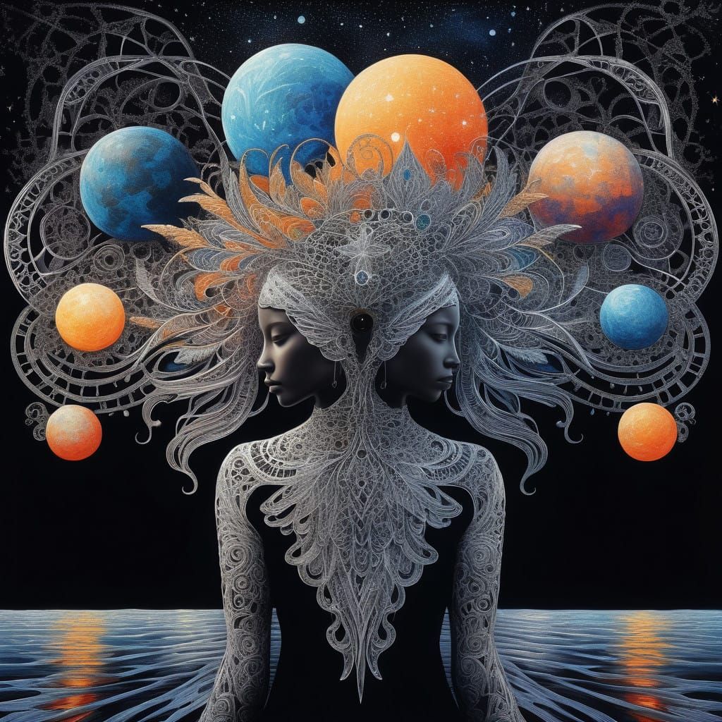 Celestial Beings in Ethereal Landscapes, Painted in Silvery...