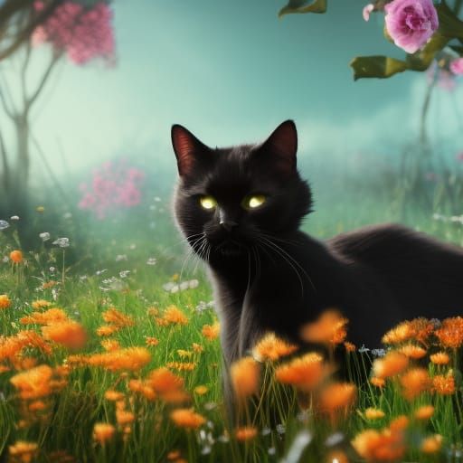 Black Cat in Colorful Flower Meadow