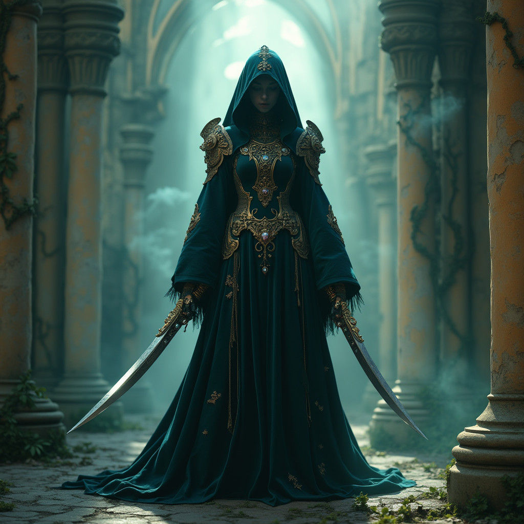 Gothic Android Warrior in Ruined Cathedral