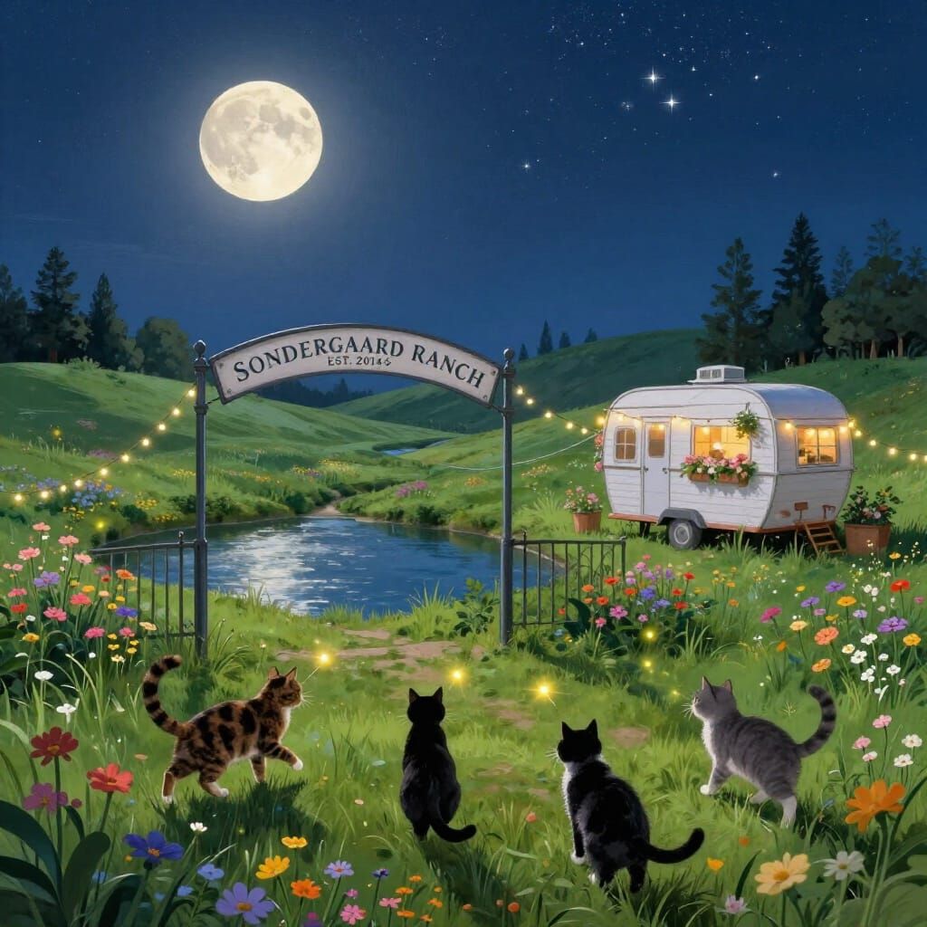 Magical Ranch Under Full Moon with Cats and Fireflies