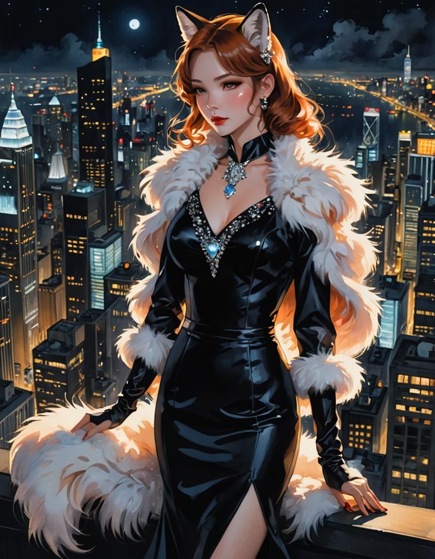 Nighttime Skyscraper View: 1930s Lady in Watercolour