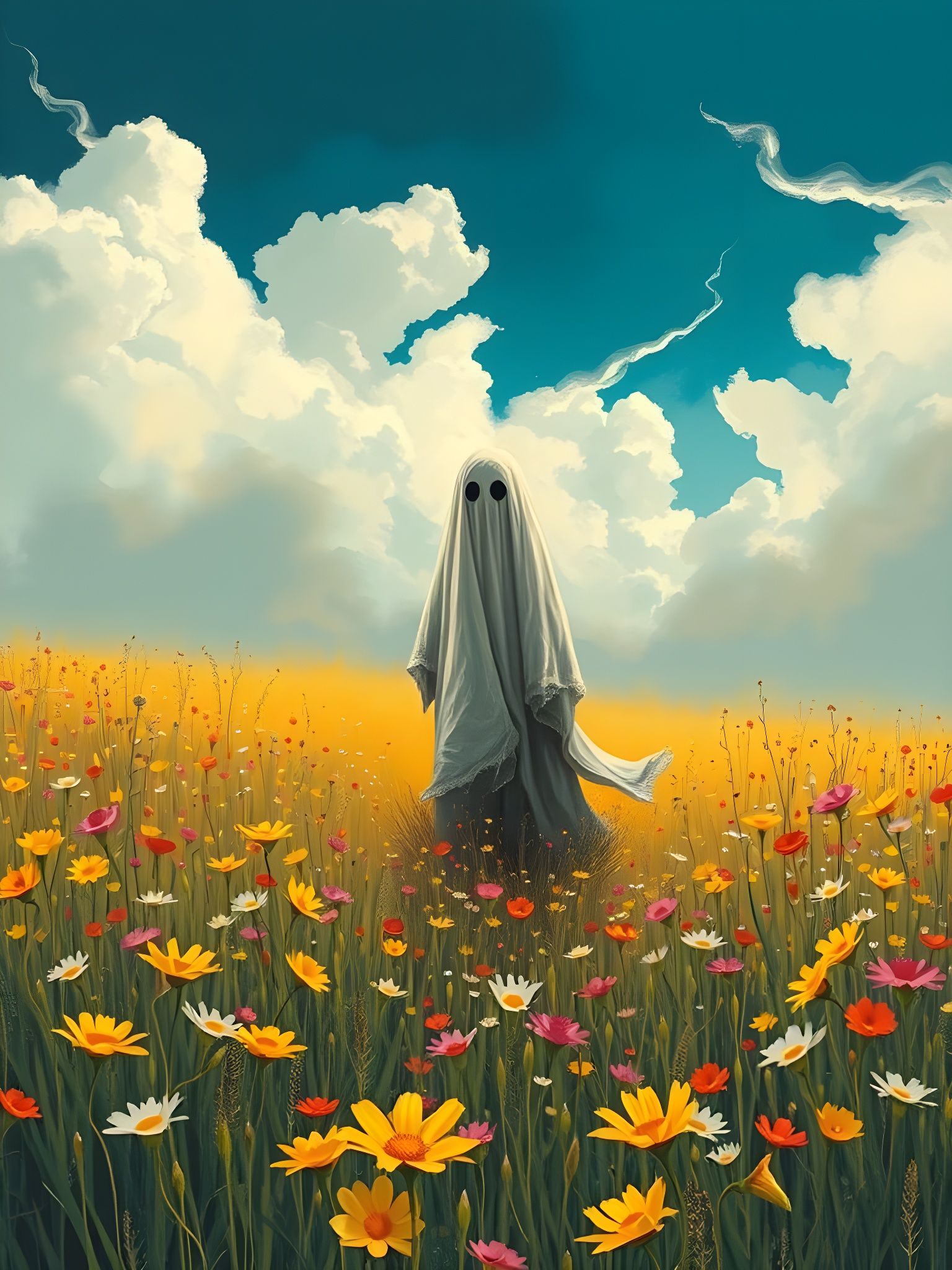 Gentle Ghost in a Vibrant Wildflower Meadow