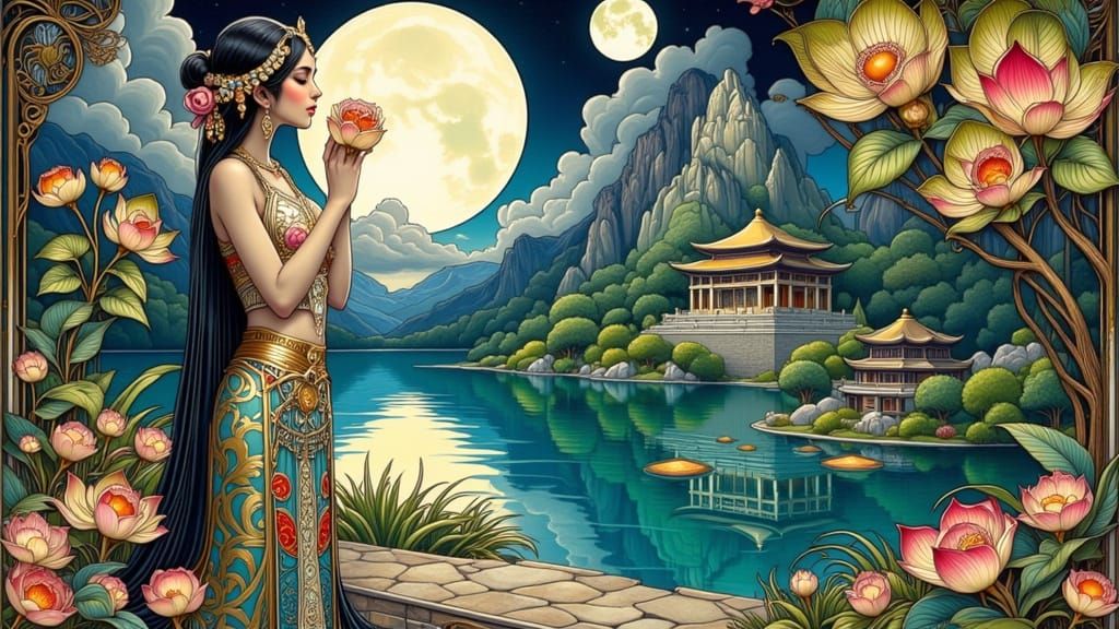 Precolombian Girl in Art Nouveau Style by Lake