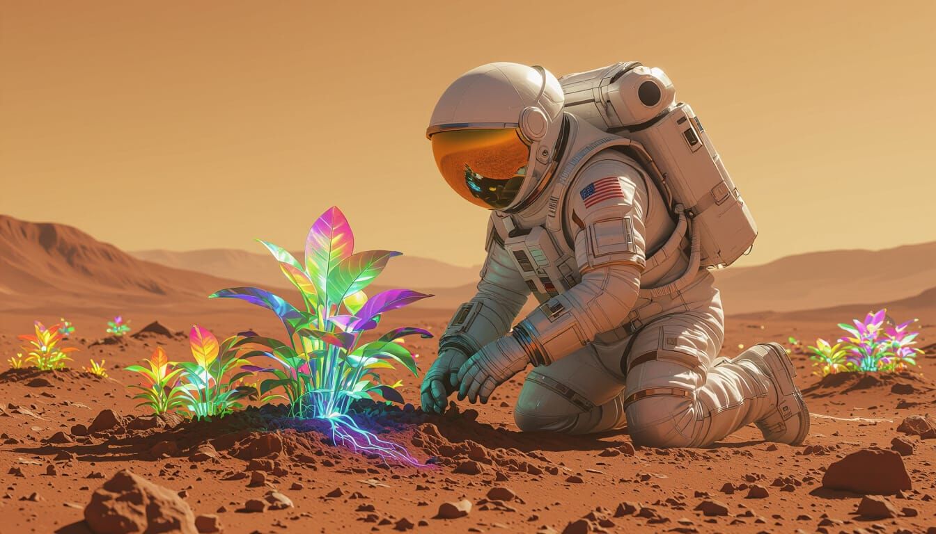 Astronaut Plants Iridescent Flora on Barren Mars