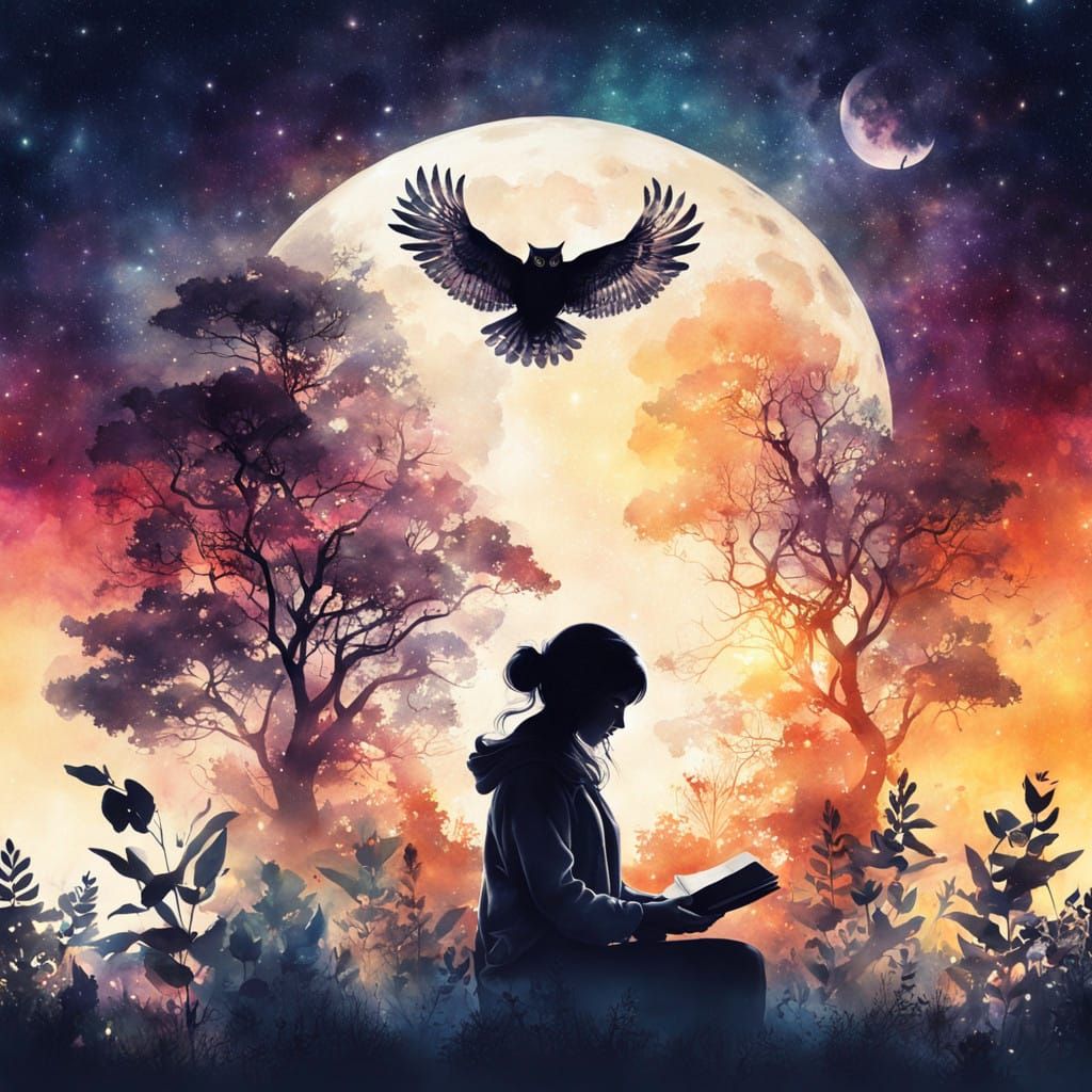Moonlit Garden Silhouette in Whimsical Watercolour Art