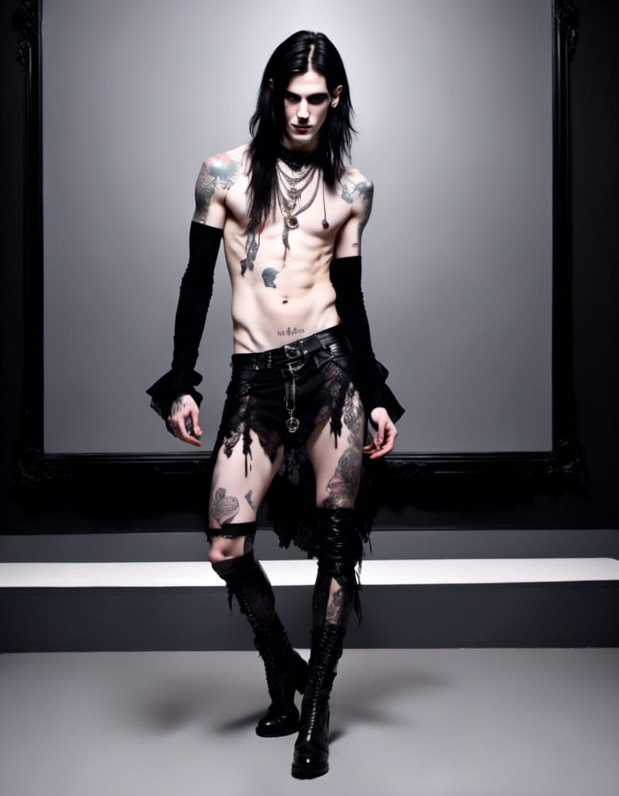 Gothic Man in Lace Miniskirt and High Heels