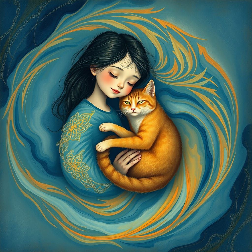 Girl and Cat in Harmonious Yin Yang