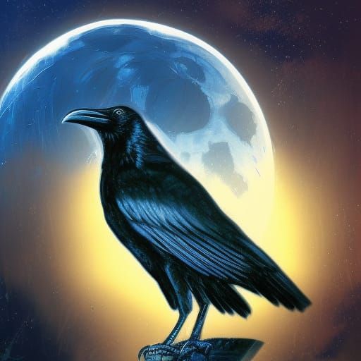 Dramatic Raven at Night in Hyperrealistic Splash Art