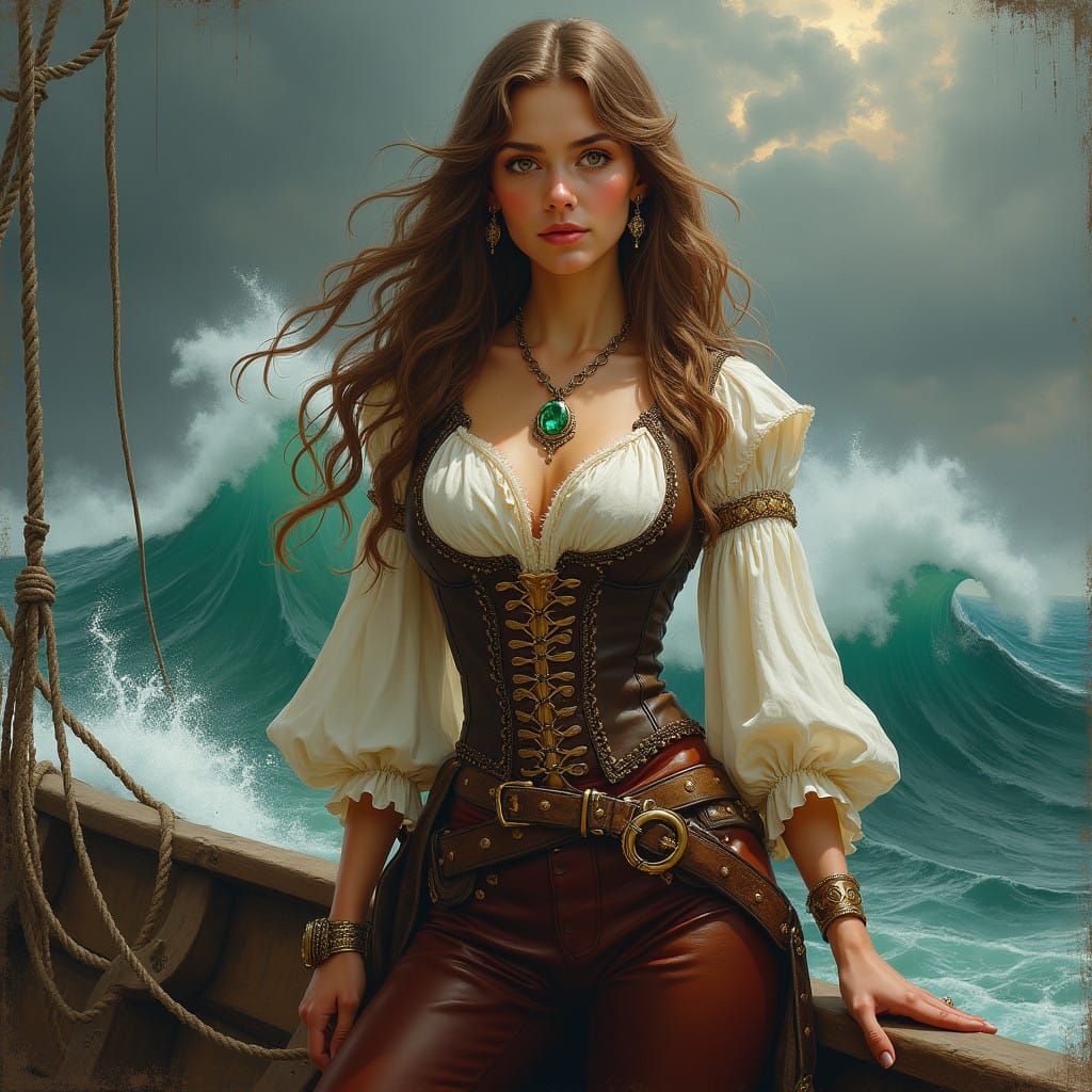 Pirate Woman in a Lavish Corsair Outfit on a Stormy Day