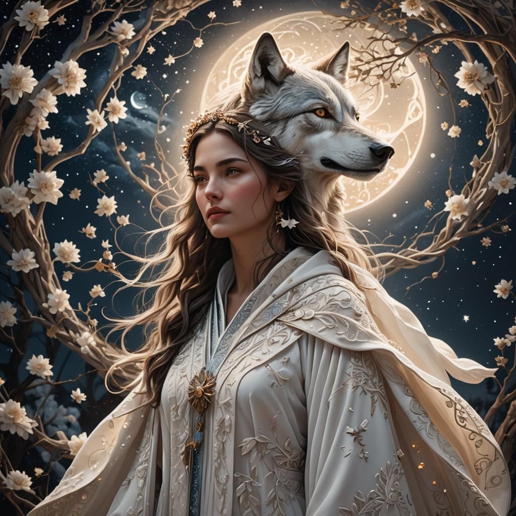 Woman and Wolf in Starry Fantasy Landscape